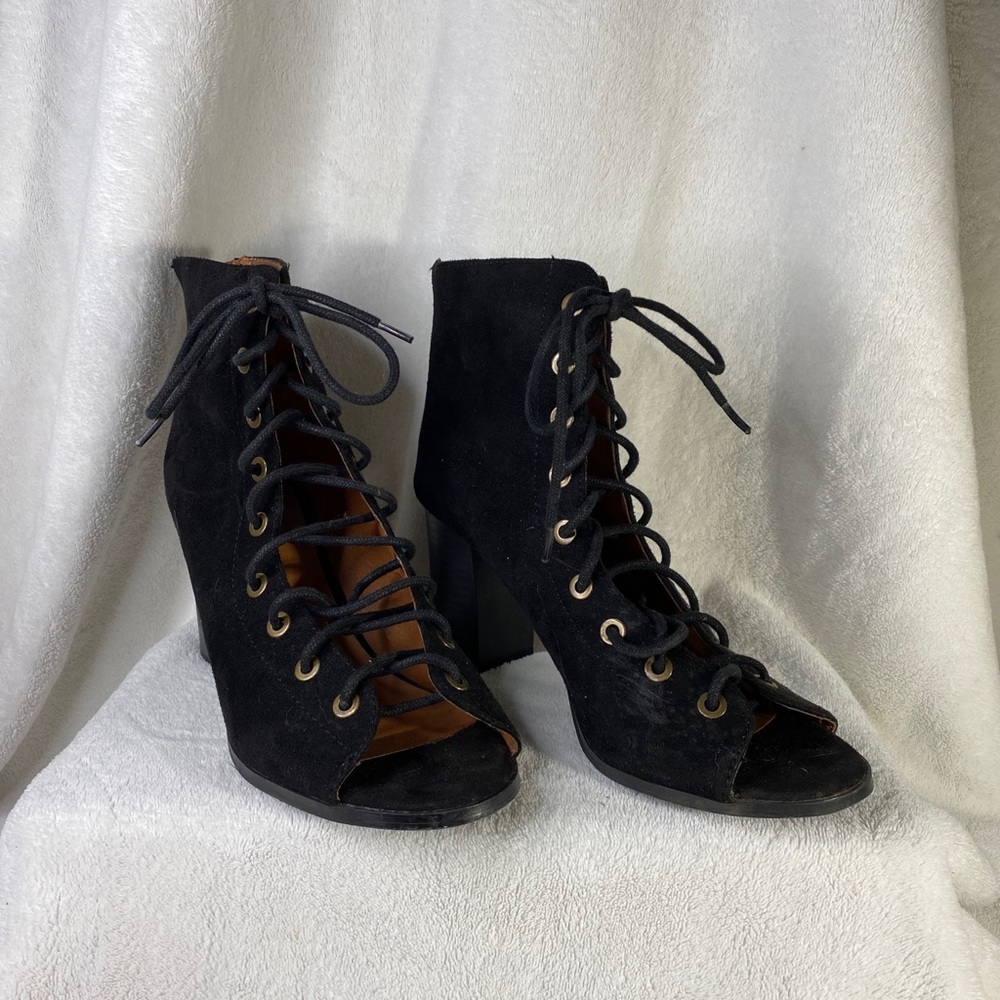 Black lace up open toe booties Size 7